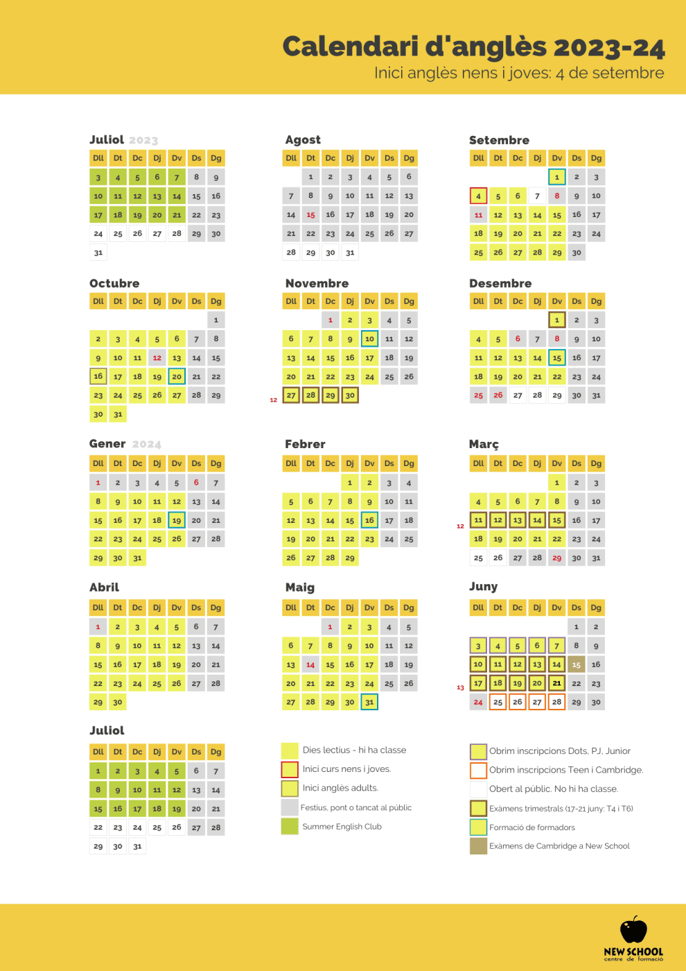 Calendari del curs d'anglès 2023-24 a New School